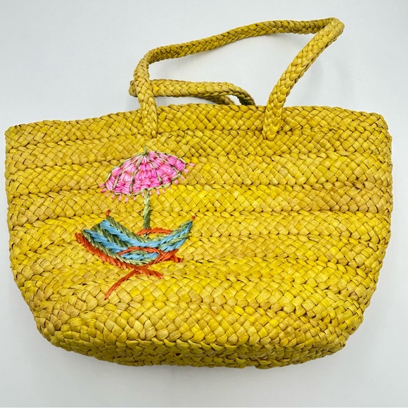 Woven Tote Beach Bag Large Bow Tie Embroidery Polka Dot Lined Yellow NWT Boho - Picture 3 of 13